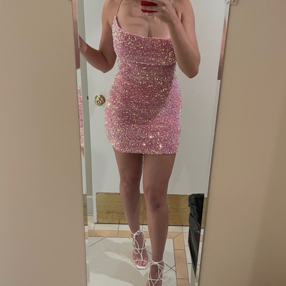 Strapless EUC Pink and Purple Sequined mini dress size M Made in Los Angeles